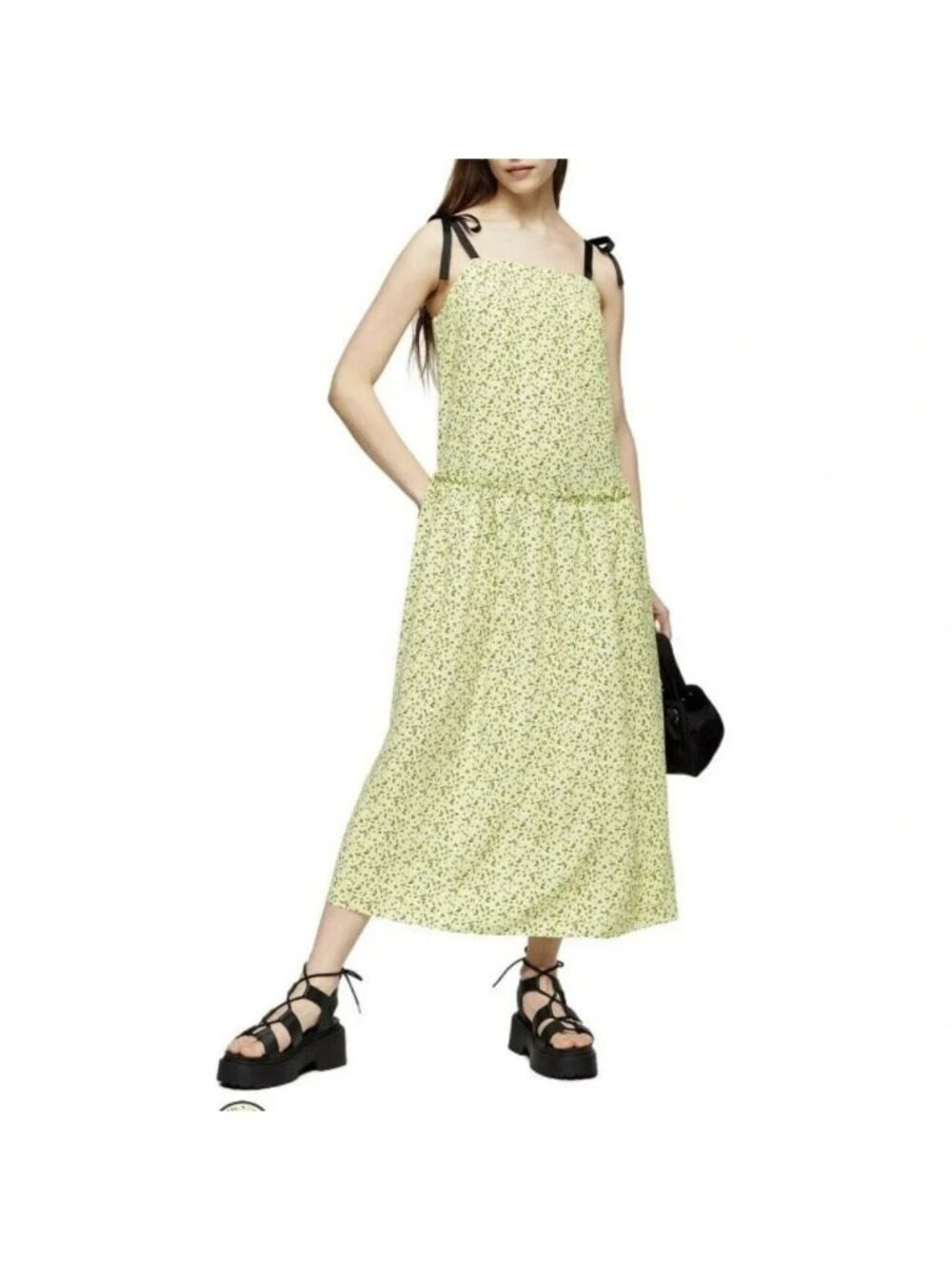 Topshop Womens Green Floral Print Drop Waist Midi Casual Maxi Dress 4 Small